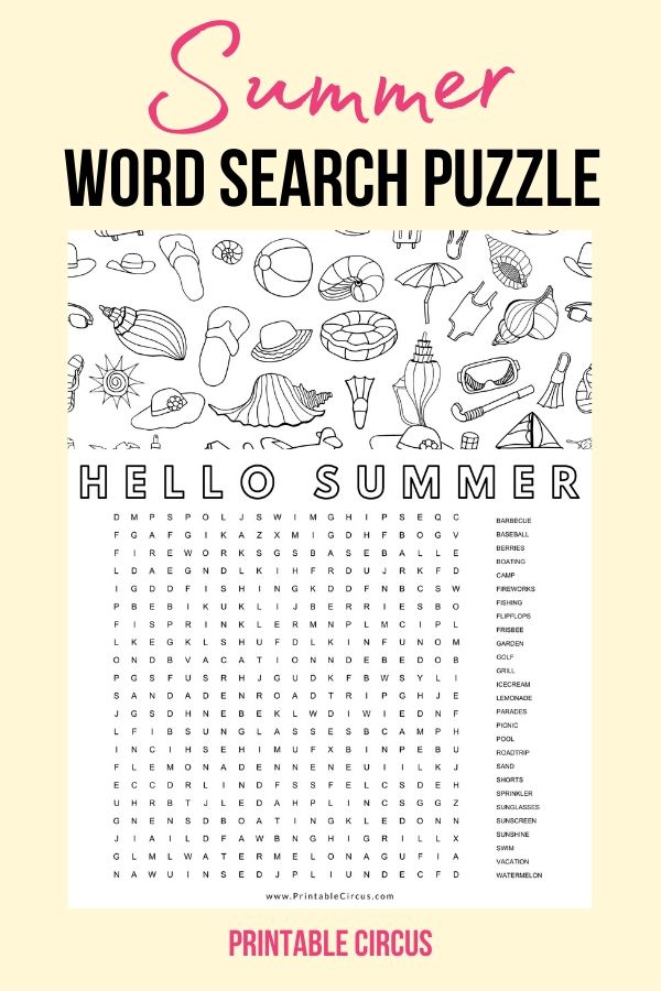 kids summer word search printable