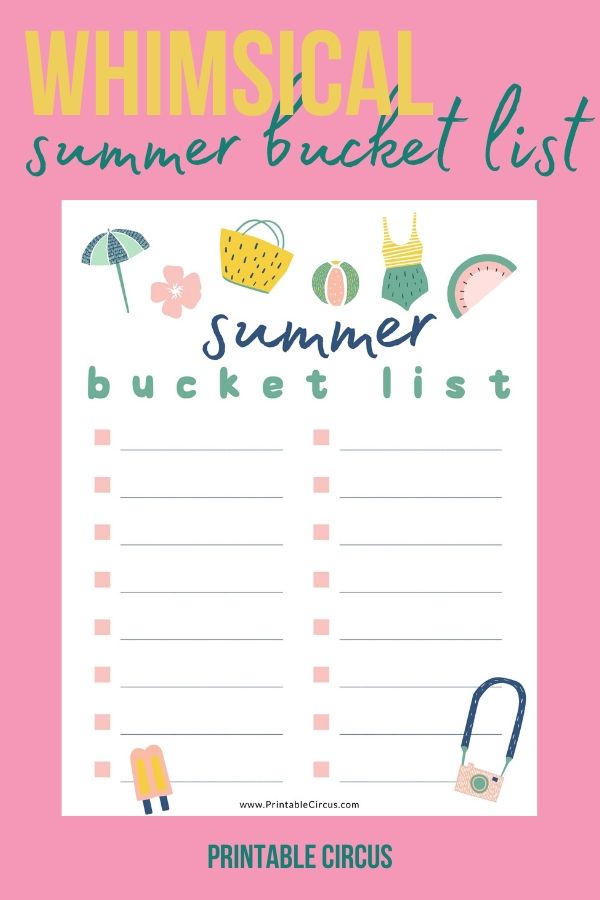 Colorful and Whimsical Summer Bucket List FREE Printable - from Printable Circus