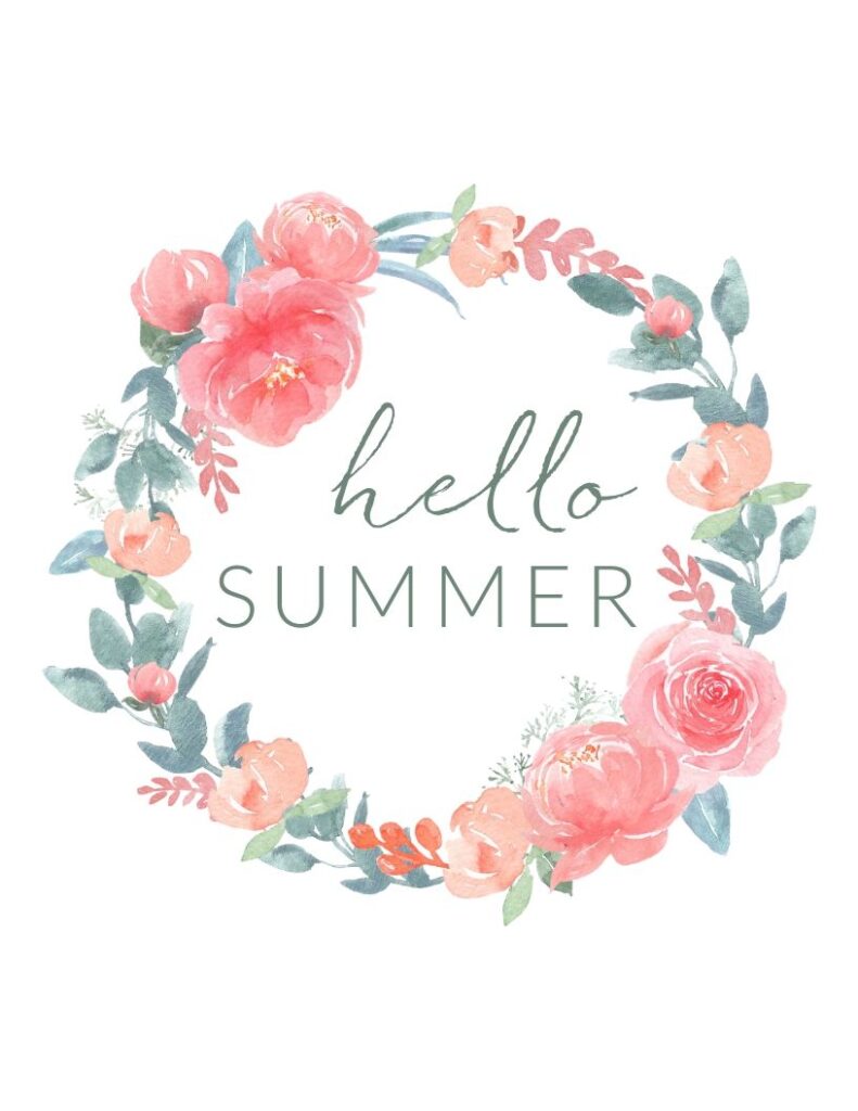 floral wreath "hello summer" free printable - pink and green summer floral wall art print