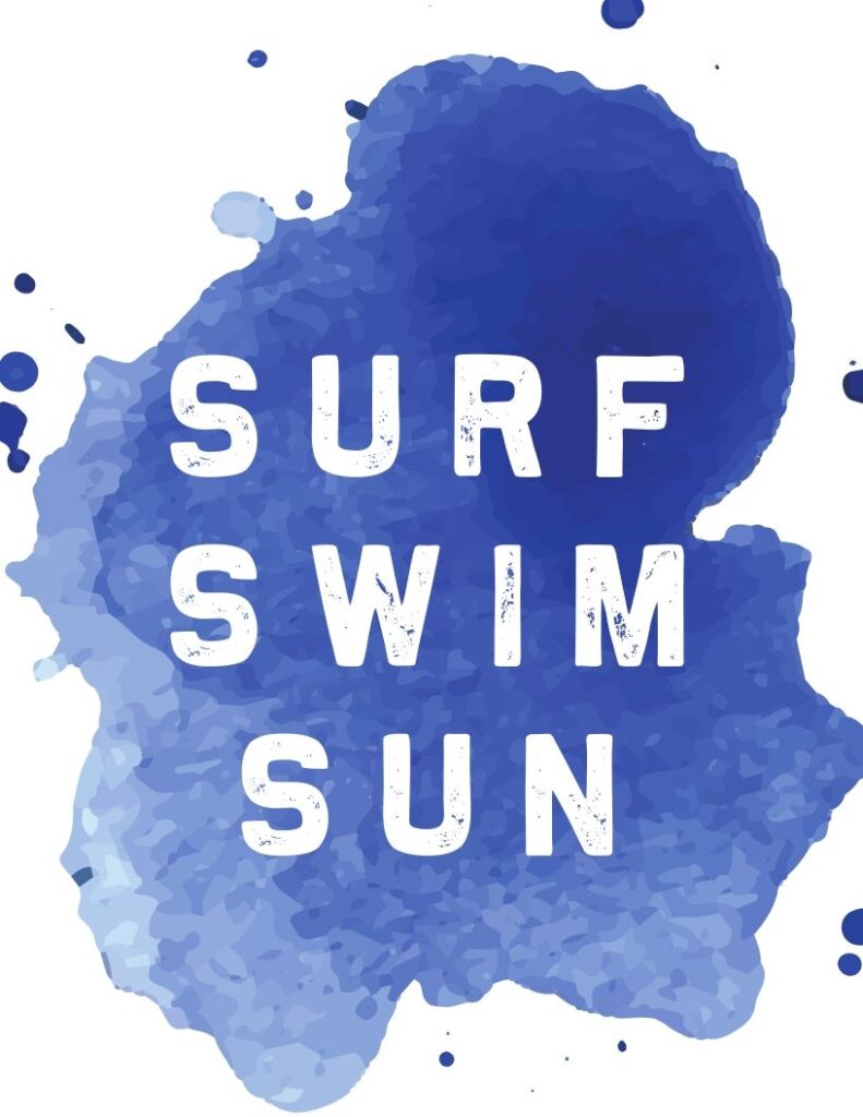 surf swim sun watercolor FREE printable - fun and whimsical blue watercolor print for summer