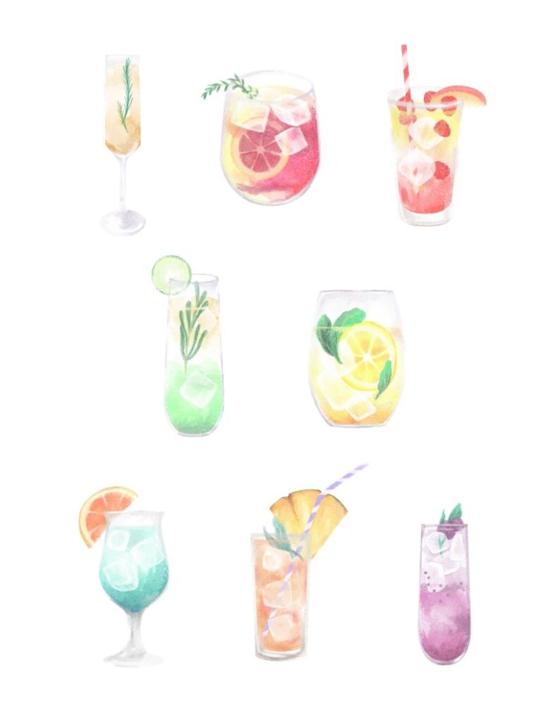watercolor summer cocktails free printable poster. A fun, whimsical, and colorful poster with summer drinks. Add to your bar or summer patio seating area for a pop of color.
